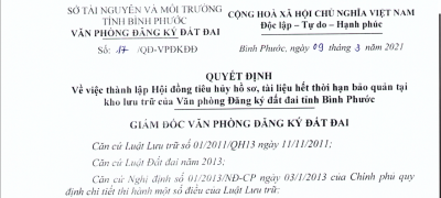 Quyết định thành lập hội đồng tiêu hủy hồ sơ, tài liệu hết thời hạn bảo quản tại kho lưu trữ của Văn phòng Đăng ký đất đai tỉnh Bình Phước