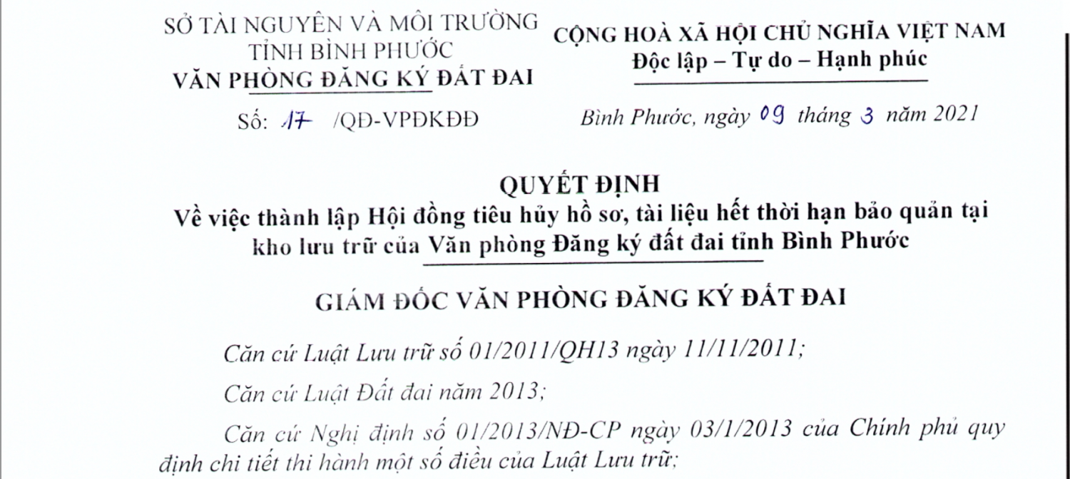 Quyết định thành lập hội đồng tiêu hủy hồ sơ, tài liệu hết thời hạn bảo quản tại kho lưu trữ của Văn phòng Đăng ký đất đai tỉnh Bình Phước